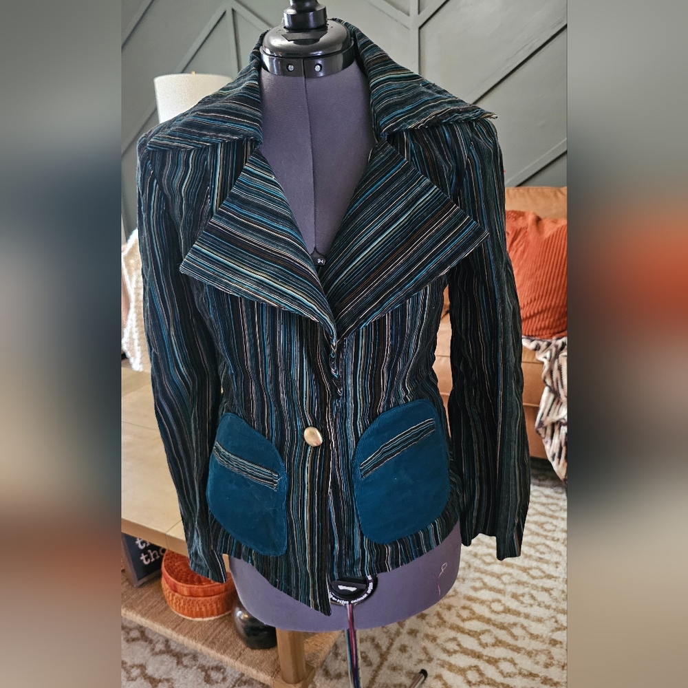 Handmade Striped Teal and Black Women's Cordrouy Jacket